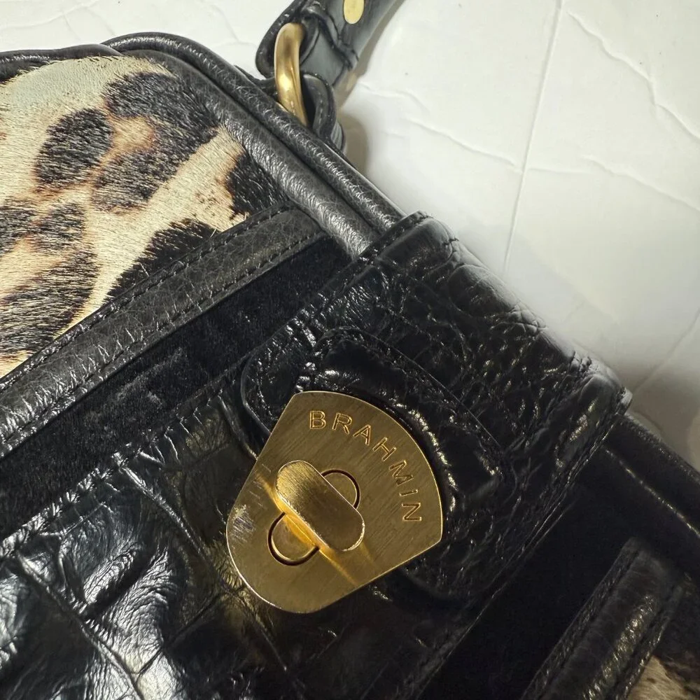 Brahmin Hobo Bag Leopard Print Pony Hair Crocodile Leather Gold Hardware Vintage